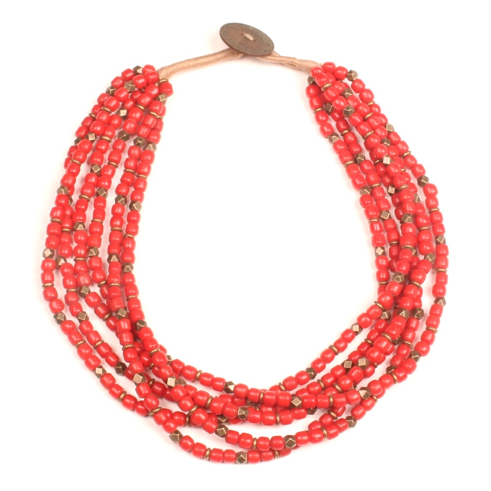 Ketting Necklace Serena red glass bead glaskraal roepie rupee bronze brons