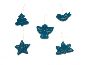 set van 5 kerstdecoratie christmas decoration angel bird tree star lotus wool velt blue