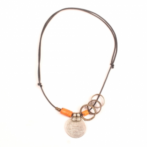 Collier Necklace banjara coin bondo bronze bronzen ring naga glass beads glaskralen oranje orange