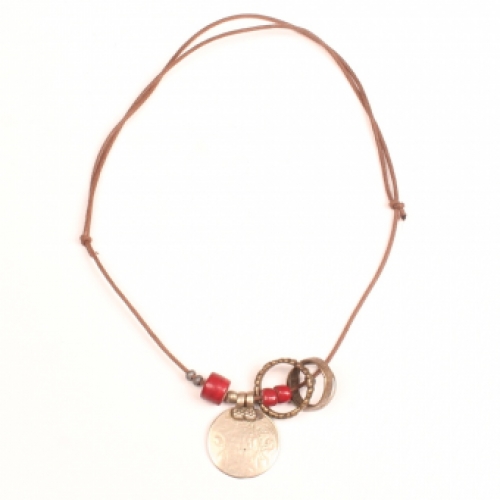 Collier Necklace banjara coin bondo bronze bronzen ring red whiteheart glass beads glaskralen