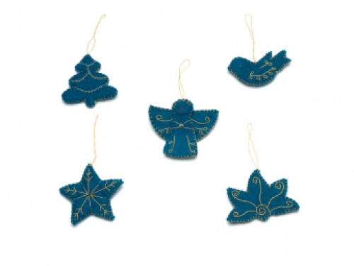 set van 5 kerstdecoratie christmas decoration angel bird tree star lotus wool velt blue
